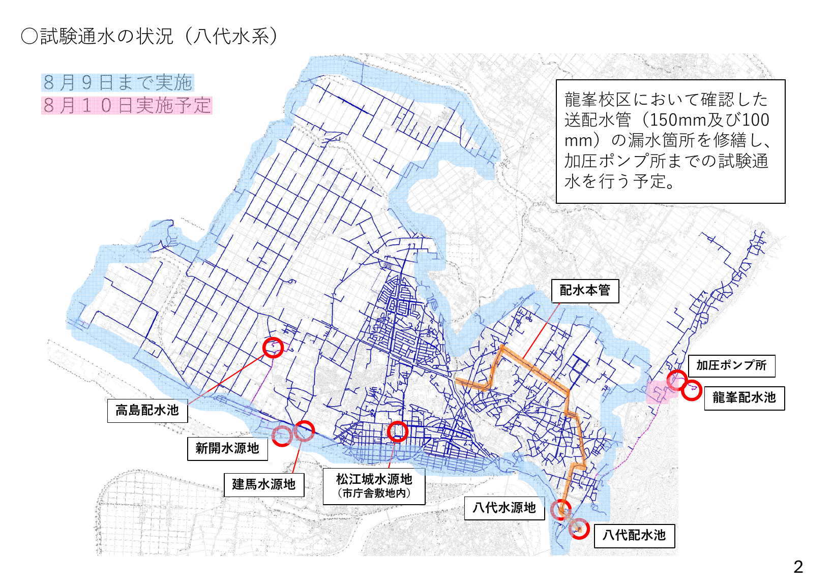 八代水系の水源地・配水池・試験通水区域